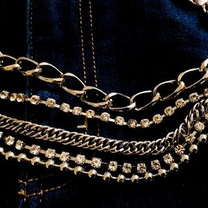 RARE Vintage Unisex multi layered chain belt with rhinestones clip closure sz M